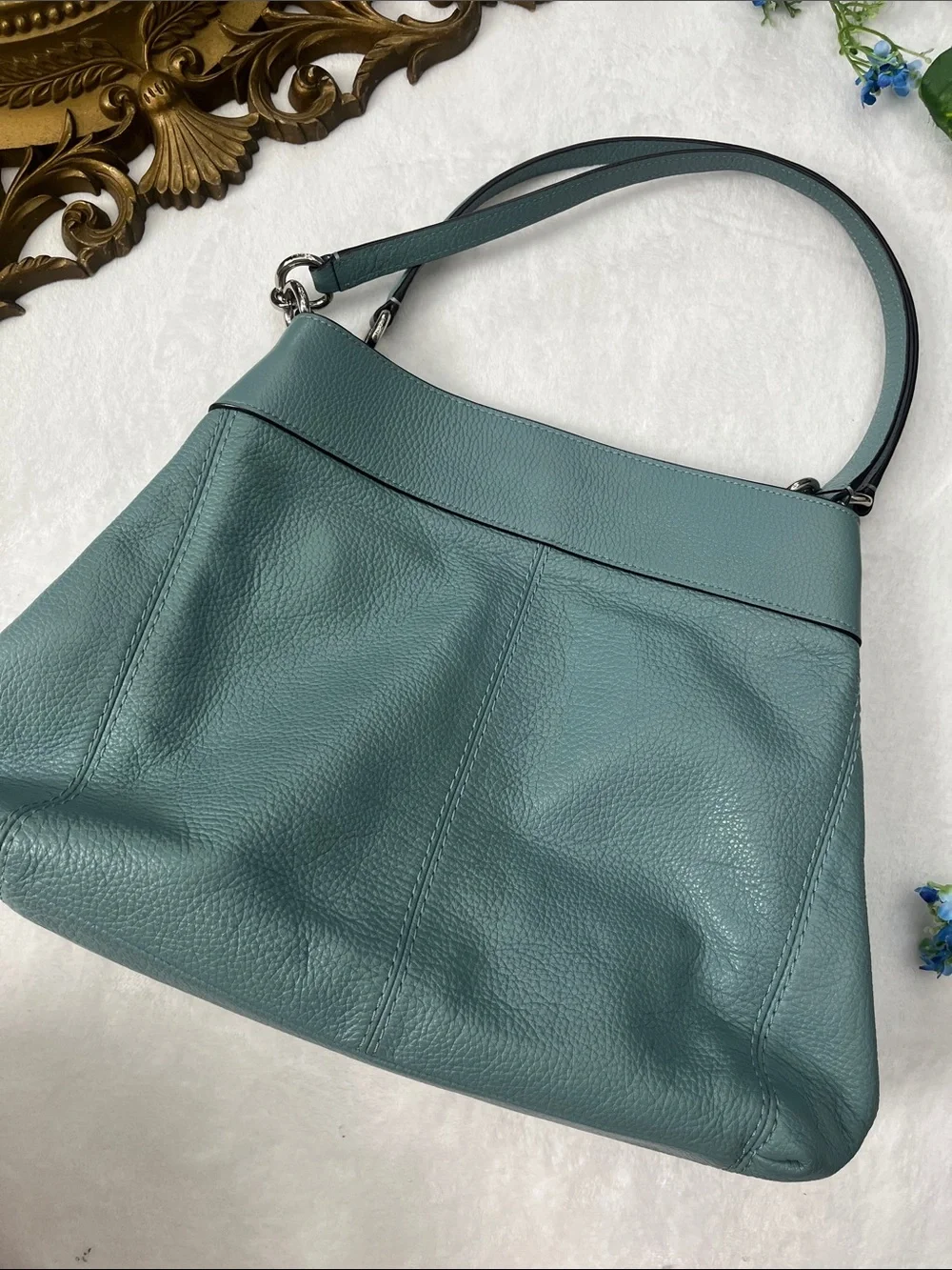 Coach Blue Pebbled Leather Shoulder Bag with Silver Hardware